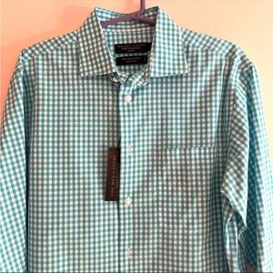 NWT Bloomingdale’s scuba blue checkered button down casual shirt large cotton